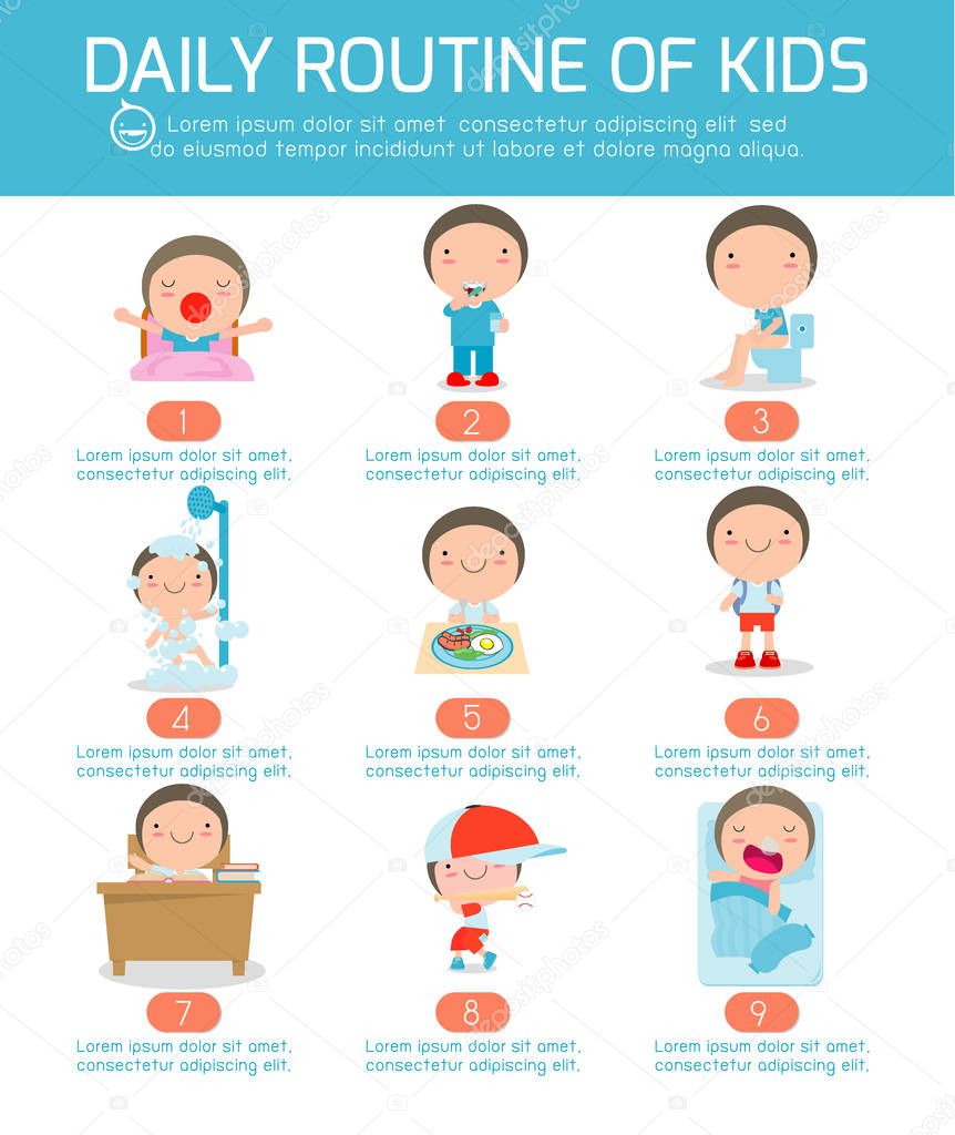 daily routine, daily routine of happy kids . infographic element. Health and hygiene, daily routines for children, Vector Illustration.