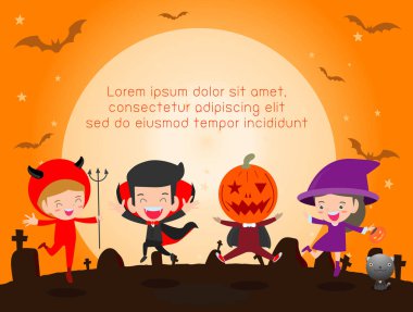 Mutlu Cadılar Bayramı Poster partisi ve tema arka plan, Grup içinde atlama, Halloween kılık Cadılar Bayramın kutlu olsun, reklam broşürü, metin, vektör çizim için şablon çocuk Tasarla