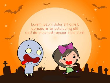 Mutlu Cadılar Bayramı Poster partisi ve tema arka plan, Grup içinde atlama, Halloween kılık Cadılar Bayramın kutlu olsun, reklam broşürü, metin, vektör çizim için şablon çocuk Tasarla