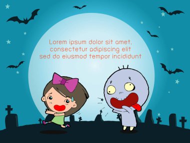 Mutlu Cadılar Bayramı Poster partisi ve tema arka plan, Grup içinde atlama, Halloween kılık Cadılar Bayramın kutlu olsun, reklam broşürü, metin, vektör çizim için şablon çocuk Tasarla