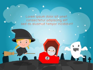 Mutlu Cadılar Bayramı Poster partisi ve tema arka plan, Grup içinde atlama, Halloween kılık Cadılar Bayramın kutlu olsun, reklam broşürü, metin, vektör çizim için şablon çocuk Tasarla