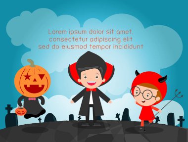 Mutlu Cadılar Bayramı Poster partisi ve tema arka plan, Grup içinde atlama, Halloween kılık Cadılar Bayramın kutlu olsun, reklam broşürü, metin, vektör çizim için şablon çocuk Tasarla