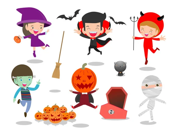 Милые Дети Костюме Монстра Хэллоуина Белом Фоне Счастливый Хэллоуин Хэллоуин — стоковый вектор
