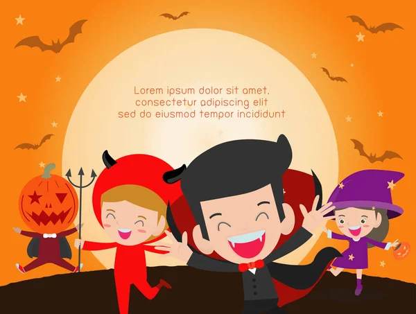 Feliz Halloween Poster Party Tema Fondo Diseño Grupo Niños Salto — Vector de stock