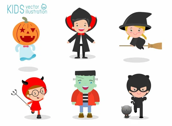 Roztomilé Děti Nosí Kostým Halloween Monster Bílém Pozadí Happy Halloween — Stockový vektor