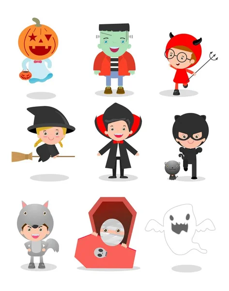 Lindos Niños Con Disfraz Monstruo Halloween Sobre Fondo Blanco Feliz — Vector de stock