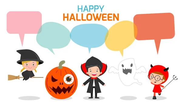 Feliz Disfraz Halloween Para Niños Con Burbujas Habla Aisladas Sobre — Vector de stock