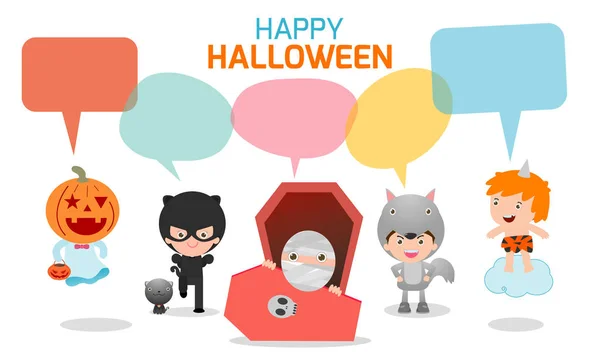 Happy Halloween Kostuum Kinderen Met Tekstballonnen Geïsoleerd Een Witte Achtergrond — Stockvector