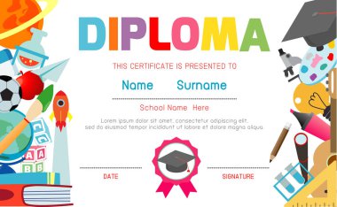 Anaokulu ve ilköğretim sertifikaları, okul öncesi çocuk diploması tasarım şablonu, anaokulu öğrencileri için diploma şablonu, çocuk diploması, vektör ilüstrasyonu