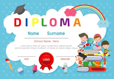 Anaokulu ve ilköğretim sertifikaları, okul öncesi çocuk diploması tasarım şablonu, anaokulu öğrencileri için diploma şablonu, çocuk diploması, vektör ilüstrasyonu