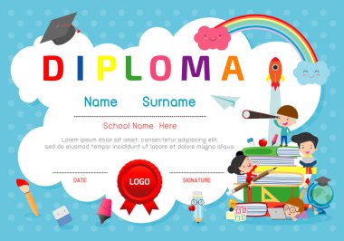 Anaokulu ve ilköğretim sertifikaları, okul öncesi çocuk diploması tasarım şablonu, anaokulu öğrencileri için diploma şablonu, çocuk diploması, vektör ilüstrasyonu