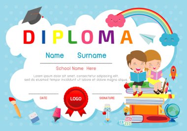Anaokulu ve ilköğretim sertifikaları, okul öncesi çocuk diploması tasarım şablonu, anaokulu öğrencileri için diploma şablonu, çocuk diploması, vektör ilüstrasyonu