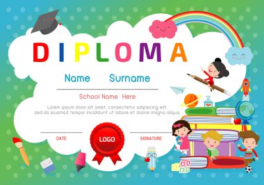 Anaokulu ve ilköğretim sertifikaları, okul öncesi çocuk diploması tasarım şablonu, anaokulu öğrencileri için diploma şablonu, çocuk diploması, vektör ilüstrasyonu