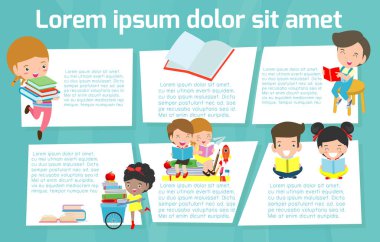 sevimli kitap okumak, reklam broşürü, sizin metin için şablon hazır mesajınız için çocuklar. Vektör çizim