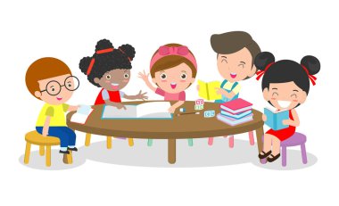 Öğrenciler sınıfta, çocuklar eğitim ve okuma kitapları ve bunları tartışmak çocuk yuvarlak masa oturan kızlar, Multiracial yaratıcı etkinlik, vektör çizim çocuklar.