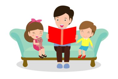 babası onun oğlu ve okuma ve kitap masal hikaye, çocuklar babaları söyle bir hikaye, vektör çizim arka plan üzerinde dinleme anlatmaya kızı, Aile, masal okuma