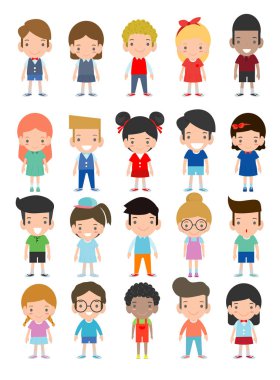 Mutlu çocuklar çizgi film koleksiyonu. Farklı pozisyonlarda çok kültürlü çocuk izole beyaz zemin üzerine Avrupa çocuk, Amerika'nın çocuk, Asyalı çocuk, Afrikalı çocuk, mutlu çocuk, vektör