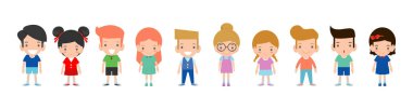 Mutlu çocuklar çizgi film koleksiyonu. Farklı pozisyonlarda çok kültürlü çocuk izole beyaz zemin üzerine Avrupa çocuk, Amerika'nın çocuk, Asyalı çocuk, Afrikalı çocuk, mutlu çocuk, vektör