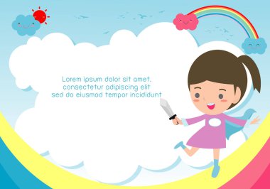 Süper kahraman çocuk arka planda, reklam broşürü, metin, şirin küçük süper kahraman çocuk, çocuklar ve çerçeve, çocuk ve çerçeve, vektör çizim için şablon