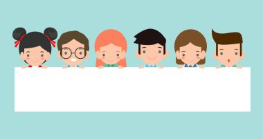 Çocuklar arkasında gözetleme Isolated arka planda hazır, metniniz için hazır mesajınız için tasarlamak. Çocuk düz vektör çizim tarzında.