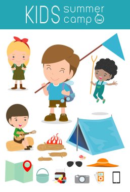 vektör çizim çocuklar yaz kampı, çocuklar bir kamp gezisi, çocuklar kamp karakterler ve yaz tatil kamp