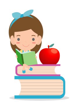 şirin çocuk kitapları, çocuk kitap okuma, kitap okumak, mutlu çocuk iken şirin okuma çocuk kitap okumak, vektör çizim beyaz arka plan üzerinde iken..