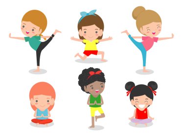 Pratiği Yoga, çocuklar mutlu çizgi film çocuk pratiği Yoga, yoga yaparken çocuk çalışmaları. Beyaz arka plan, vektör çizim üzerinde sağlıklı yaşam tarzı
