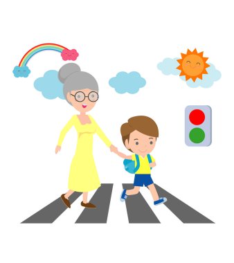 kid helping senior lady crossing the street, Boy helping old lady cross the street. Vector Illustration clipart