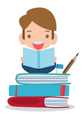 şirin çocuk kitapları, çocuk kitap okuma, kitap okumak, mutlu çocuk iken şirin okuma çocuk kitap okumak, vektör çizim beyaz arka plan üzerinde iken..