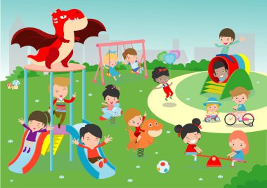 Dışarıda, Çocuk oyun alanı, oyun oynayan çocuklar mutlu çocuk parkı oyun illüstrasyon vektör