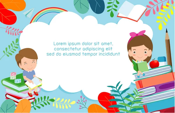 Kinder Lesen Bücher Zurück Die Schule Bildungskonzept Vorlage Für Werbebroschüre — Stockvektor