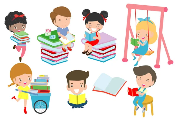 Söta Barn Läser Bok Medan Söt Barn Läsa Böcker Glada — Stock vektor