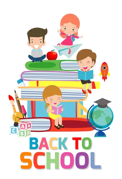 Volver Escuela Lindos Niños Leyendo Libro Niños Con Libros Niños — Vector de stock