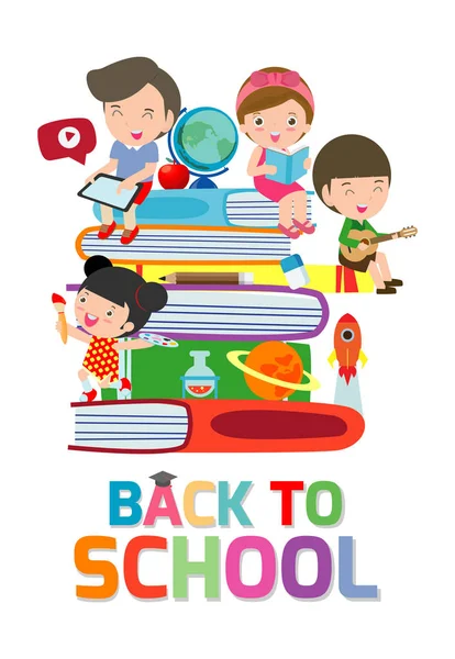 Volver Escuela Lindos Niños Leyendo Libro Niños Con Libros Niños — Vector de stock