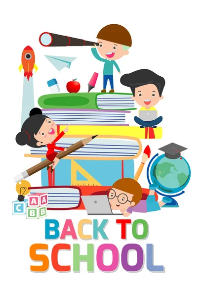 Back School Cute Kids Reading Book Children Books Happy Children — Stock Vector