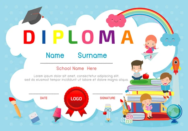 Anaokulu ve ilköğretim sertifikaları, okul öncesi çocuk diploması tasarım şablonu, anaokulu öğrencileri için diploma şablonu, çocuk diploması, vektör ilüstrasyonu