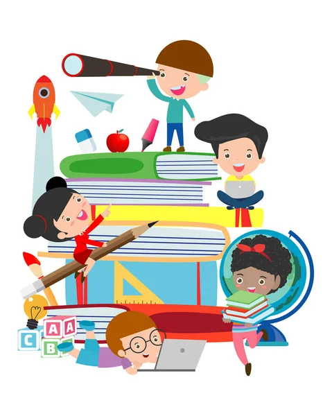 Conjunto Escolares Concepto Educación Vuelta Escuela Los Niños Aula Ilustración — Vector de stock