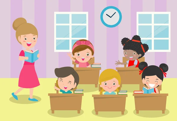 Lehrer Und Schüler Unterricht Schüler Lernen Klassenzimmer Kinder Mit Lehrer — Stockvektor