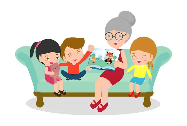 Grandmother Reading Fairytales Her Grandchildren Reading Telling Book Fairy Tale — Stock Vector