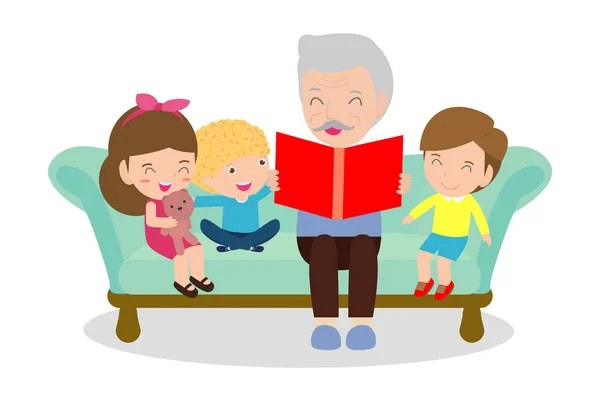 Abuelo Leyendo Cuentos Hadas Sus Nietos Leyendo Contando Cuentos Hadas — Vector de stock