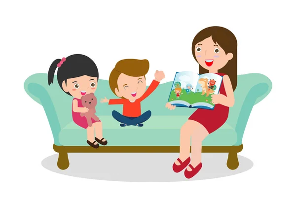 Μητέρα Διαβάζοντας Παραμύθια Γιος Και Κόρη Οικογένεια Διάβασμα Και Λέει — Διανυσματικό Αρχείο