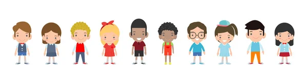 Szczęśliwy Kids Kreskówki Kolekcja Wielokulturowym Dzieci Różnych Pozycjach Białym Tle — Wektor stockowy