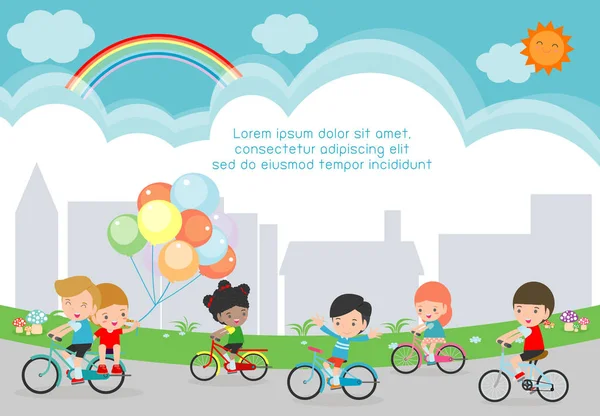 Glückliche Kinder Auf Fahrrädern Kinderfahrrad Gesundes Radfahren Mit Kindern Park — Stockvektor