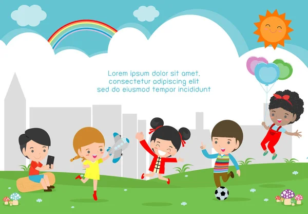 Vektör Çizim Dışında Mutlu Çocuk Oyun Parkı Oynayan Çocuklar — Stok Vektör
