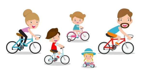 Набор Разнообразных Семейных Велосипедов Белом Фоне Счастливые Семейные Велосипеды Белом — стоковый вектор