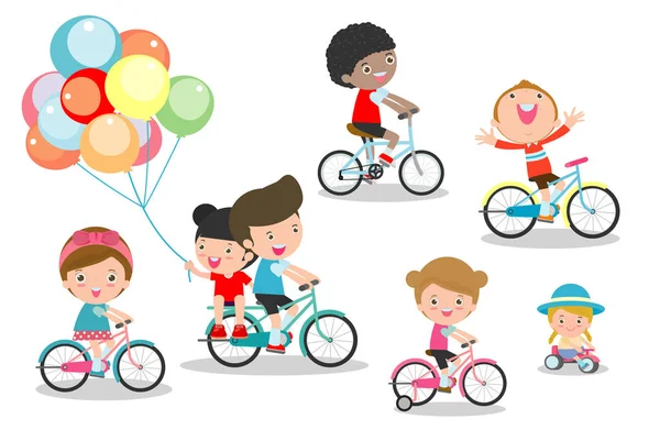 Glada Barn Cyklar Barn Ridning Cykel Barn Ridning Cyklar Barn — Stock vektor