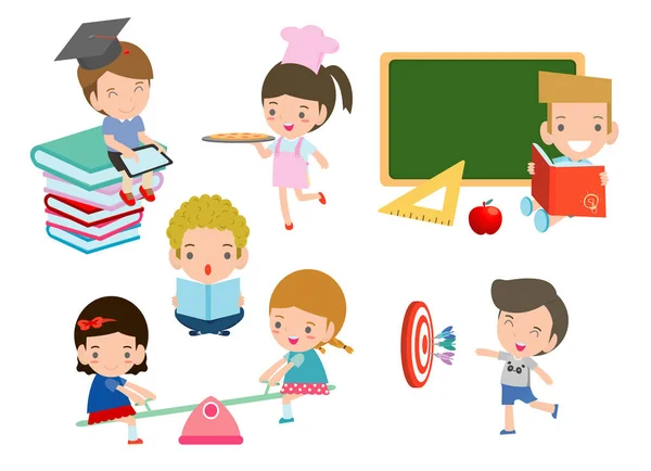 Conjunto Escolares Concepto Educación Niños Dibujos Animados Felices Aula Niños — Vector de stock