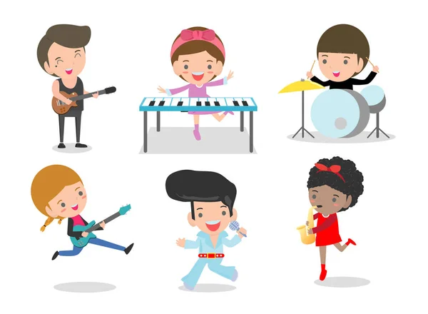 Gyerekek Zene Hangszer Játszó Gyermekek Meg Gyerekek Játszottak Különböző Hangszerek — Stock Vector