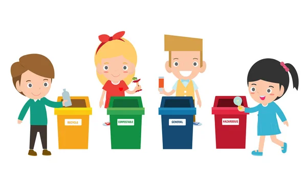 Children Collect Rubbish Recycling Illustration Kids Segregating Trash Recycling Trash — Stock Vector