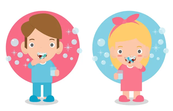 Cute Little Boy Girl Brushing Her Teeth Child Caring Teeth — Stock Vector